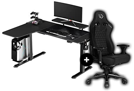 ULTRADESK Winger Gaming Schreibtisch Gaming Tisch L Form RGB LED 155x111x60 cm Links + Throne Gaming Stuhl, L-förmiger Ecktisch Eckschreibtisch, Höhenverstellbarer Computertisch elektrisch | Schwarz