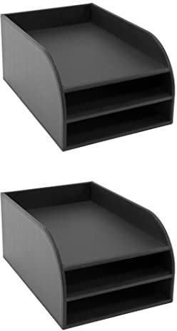 OSCO Black Faux Leather Three Tier Letter Tray | 2 Pack | A4 | Desk File Organiser | Paper Storage | Office Document Sorter | Paperwork Filing | No Assembly Required | H17.5 x W25 x D37.5 cm |
