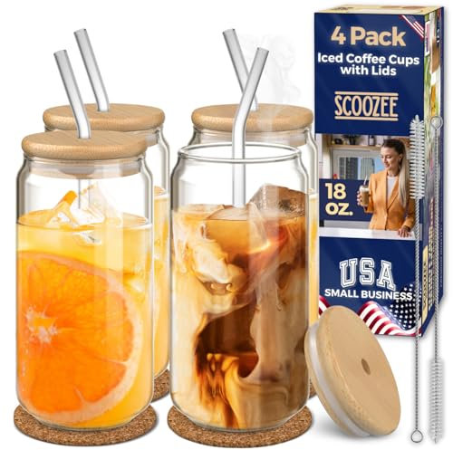 Scoozee Lot de 4 tasses en verre avec couvercles et pailles de 532 ml – Tasse à café glacé avec couvercle en bambou et paille en verre – Ensemble de verres à café glacé esthétiques pour la maison,