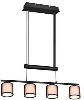 LED Balken Pendelleuchte höhenverstellbar, 4 flammig mit doppelten Stoffschirmen in Schwarz & Weiß