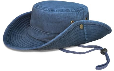 TOSKATOK® UPF 50+ Unisex Safari Outback Buschhut aus Baumwolle im australischen Stil mit breiter Krempe, abnehmbarem Kinnriemen, seitlichen Druckknöpfen und Lüftungsschlitzen-DENIM-60
