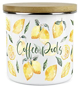 Purely Home Painted Lemons Coffee Pods Canister - White Metal Enamel Kitchen Food Storage Container