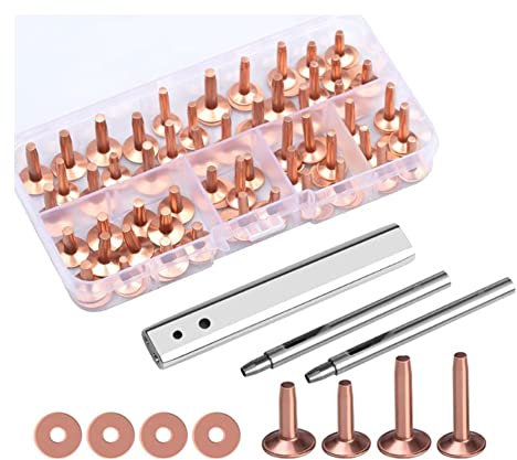 Povxlum 40 Set Kupfernieten und Grate, Rostfreie Nieten Aus Massivem Messing, Leder-Kupferniete für Leder, Nietensetzwerkzeug Aus Reinem Kupfer