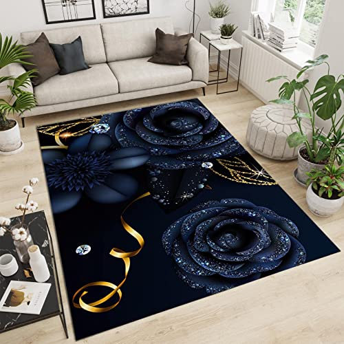SANSJI Schwarze Blaue Rose Teppiche Gegend, Geheimnisvolle Romantik Waschmaschinenfest Große Teppiche - für Wohnzimmer, Schlafzimmer, Kinderzimmer, Büro, etc 170 x 240 cm
