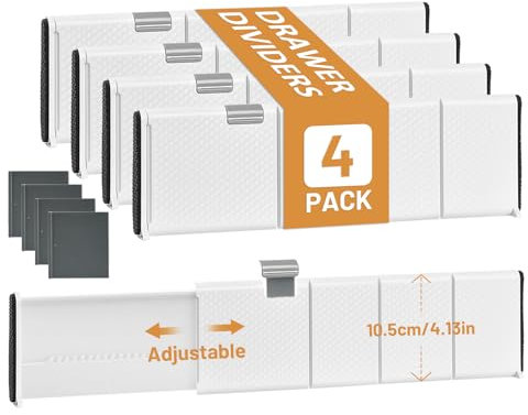 IHONYI Schubladen Organizer - 4er-Set Schubladentrenner Verstellbar(28-44.5cm,10.5cm Hoch),Rutschfeste Schubladenteiler,Schubladen Ordnungssystem Für Küche/Schlafzimmer/Badezimmer/Kommode,Weiß