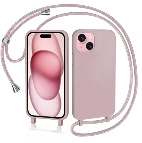 AOMYKE Cover per iPhone 15 con Cordino, Custodia con Laccio Collana Tracolla Collo Liquido Silicone Antiurto TPU Antiurto AntiGraffio Case - Rosa