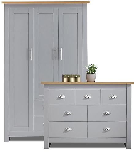 Blisswood Bedroom Furniture Set With 3 Door Wardrobe & 4+3 Drawer Chest of Drawers With Stainless Steel Cup Handle Modern Bedroom Set for 2 Piece Bedroom Storage Furniture Set (Grey & Oak)