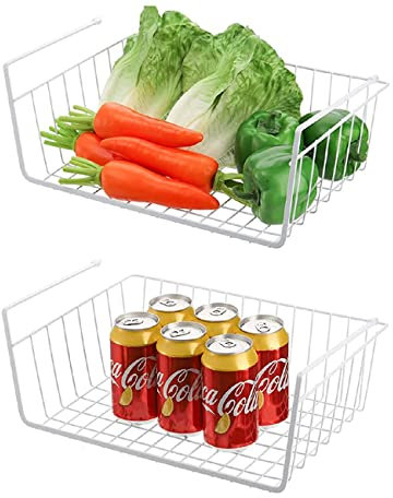 BeLlaq 2 cestas de metal para armario, estante inferior, cesta de almacenamiento, cesta colgante para cocina, oficina, despensa, baño, armario, color blanco