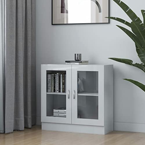 IKAYAA Vitrinenschrank Bücherschrank Mit Fächern und Glastüren Glasvitrine Stehend Standvitrine Vorratsschrank Küche Bücherschrank Mit Glastüren Hochglanz-Weiß 82.5 x 30.5 x 80 cm Holzwerkstoff