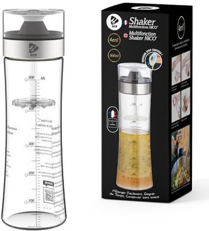 NICO Shaker à Vinaigrette | Mélangeur à Sauce Professionnel en Verre Gradué 500 ML | Garantie à Vie | Bec Verseur Stop Gouttes & Couvercle étanche Anti Fuite | Transparent & Compatible Lave Vaisselle