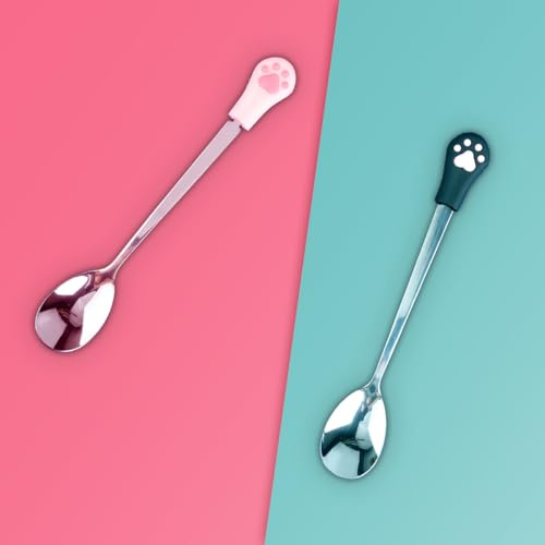 Thyonta 2 PCS Cute Cat Paw Silicone Handle Feeding Scoop Stainless Steel Small Scoop Pet Canning Scoop Cat Paw Scoop For Canned Food For Dogs & Cats