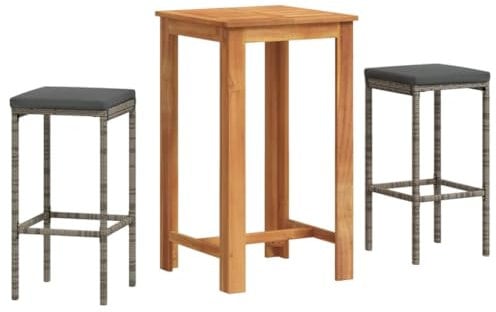 vidaXL Gartenbar Set 3-TLG., Bar Tresen Theke Bartisch Barhocker, Barset Sitzgruppe für Garten Terrasse, Gartentheke Gartenmöbel, Grau Massivholz Akazie Poly Rattan