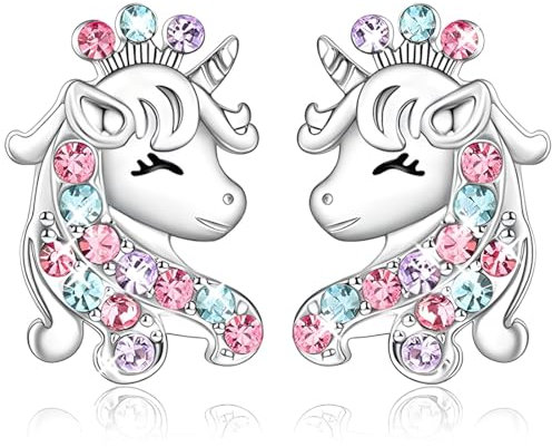 LICHUANUK Einhorn Ohrringe für Mädchen Sterling Silber, Geburtstagsgeschenke für Mädchen Einhorn Schmuck, Geburtstagsgeschenke für Mädchen, Lange Haarfarbe