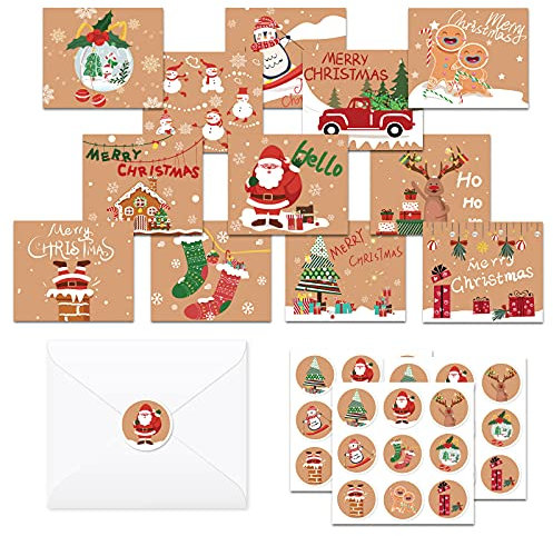 Weihnachten Grußkarten Farbe Rindsledermit Umschlägen, 24-teiliges Set von Retro Themed Grußkarten Weihnachtskarten, Faltende Postkarten mit Umschlägen und Aufklebern für Kinder, Familie, Freunde