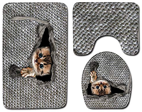 Bad Teppiche Set 3-Teiliges Abstrakte Graue Katze WC Vorleger Mit Ausschnitt Badematte Saugfähig WC Deckelbezug Badvorleger rutschfest Waschbar Toilettensitzbezug Badgarnitur (45x75cm)