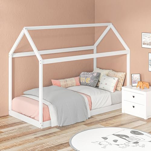 HOMCOM Single Bed Frame, House Scandinavian Style Wooden Bed Frame for 90W x 190Dcm Mattress, Pine Wood Bed Base, White