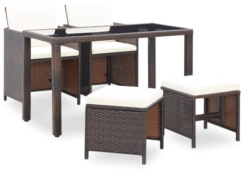 KATERYY 5-TLG. Garten-Essgruppe mit Auflagen Poly Rattan Braun,Stilvolle Rattan Essgruppe für Garten und Terrasse Braun und Cremeweiß