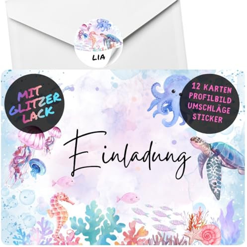 celebr8te 12x Meerestiere Glitzer Einladungskarten - Für den Kindergeburtstag von Mädchen - Partyeinladungen für Geburtstage +12 Umschläge +12 Sticker
