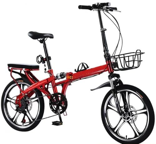 Faltrad Für Erwachsene,7-Gang-Fahrräder,Doppelte Stoßdämpfung, Leichtes Karbonstahl-Fahrrad Ohne Einbau Der Gangschaltung, Für Damen Und Herren,Premium-Mountainbikes,Tragbares Fahrrad,Rot,16in