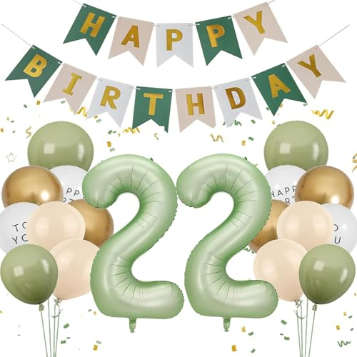 Luftballon 22. Geburtstag Frauen, Salbeigrün Zahl 22 Luftballon Happy Birthday Deko 22 Jahre Männer, Olive Grün Ballons 22 Deko Folienballon 22 Grün Gold, Olivgrün Geburtstagsdeko 22 Jahre Frau Mann
