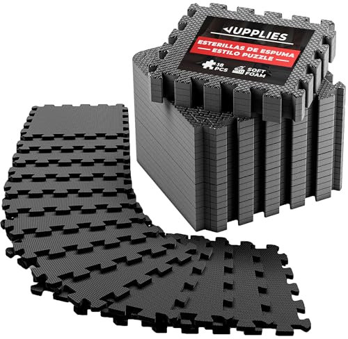 JUPPLIES - Suelo Gimnasio Set 18 Piezas 32x32x1cm - Esterilla Puzzle Fitness de Goma para Suelo - Alfombra Protectora para Gimnasio en Casa - Tatami en Puzzle