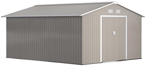 Outsunny Gerätehaus 12,4 m², Gartenhaus mit Pultdach, Schiebetür, Fundament, 386 x 340 x 200 cm, Geräteschuppen aus Verzinkter Stahl, wetterfest, für Garten, Hellgrau