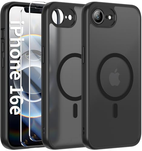FLLAO Funda para iPhone 16e 2025 (4th Generation), con 2 Piezas Protector de Pantalla Cristal Templado, Magnética Carcasa iPhone 16e Translúcida Mate Trasera Fina Antigolpes, Negro