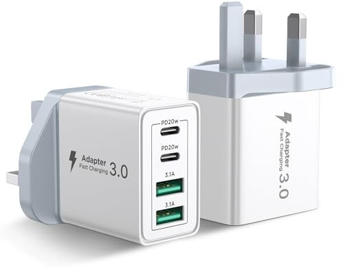 USB C Plug 2Pack, 4-Port 40W USB C Charger Plug UK Dual Port PD Power Adapter+QC Wall Charger Multiport Mains Type C Charging Plug for iPhone 16 15 14 13 12 11 Pro Max Plus,Samsung, iPad, AirPods
