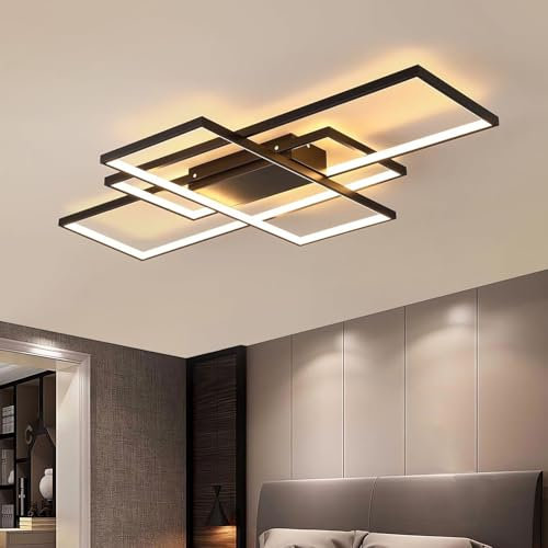 J.SUNUN Deckenlampe Wohnzimmer Modern LED Deckenleuchte 80CM Warmweißes Licht 3000K 3-Ringe Rechteckige Geometrisch Deckenbeleuchtung Für Wohnzimmer Schlafzimmer Esszimmer Decke lampe Schwarz
