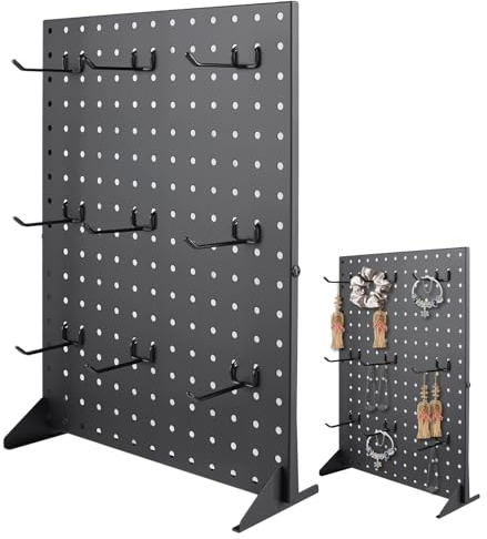 CHIHEUNG 1 PCS Pegboard Display Stand, Metal Peg Board with 15 Hooks, 43x33cm Black Pegboard Organizer for Craft Fairs, Retail Stores, Jewelry Display, Wall Mounted Storage Board