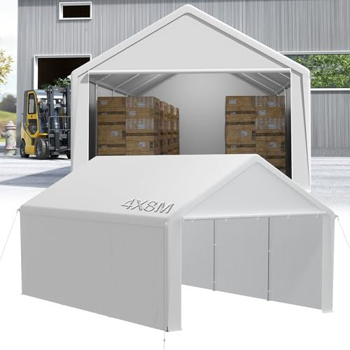 YRHome Tente de rangement, 4 x 8 m, avec toit en polyéthylène, PVC, imperméable, résistante à la déchirure, pour voiture, SUV, camion, bateau et rangement mobile, blanc
