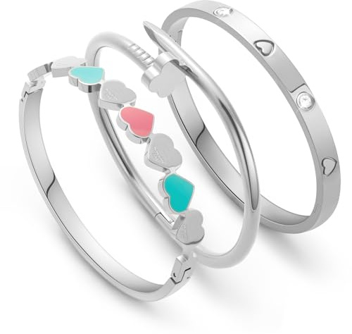 Edelstahl Armband Damen Kleeblatt Armband Damen Silber Armreif Silber Armbänder Set 3 Stück, 316L Wasserfest Armreifen zum Stapeln Geschenke für Frauen Muttertag Mama Ehefrau Freundin Tochter 17CM
