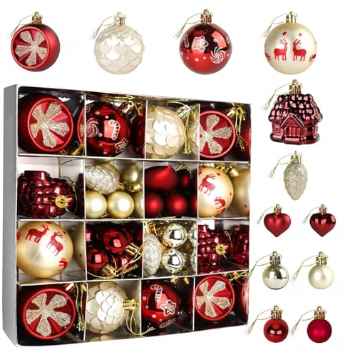 Upifen Christmas Tree Baubles, 40pcs 30-60 mm Plastic Christmas Decorations Baubles/Shatterproof Hanging Balls For Holiday Party Festival Wedding Decors, Red & Gold