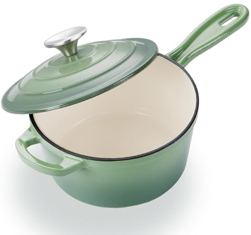 Leonyo Stielkasserolle mit Deckel, Emailliertes Gusseisen, Stielkasserolle mit Deckel, Großer Emaille Gusseisen, Dutch Oven Küche Kochgeschirr für alle Herdarten zum Kochen von Nudeln, Suppe, Milch