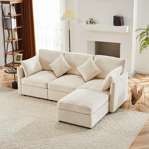 Yihomfy Canapé d'angle, Canapé 3 Places et Repose-Pieds, Canapé en Tissu Chenille avec 4 Coussins, Canape Forme de L pour Salon, Appartements