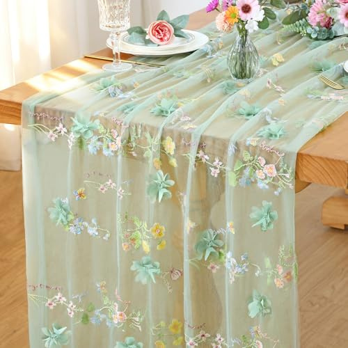 Käsetuch Tischläufer Grün 76x300cm Tüll Stickerei Blumen Tischläufer | Gaze Käsetuch Tischdecke 3D Blumen Chiffon Tisch Dekoration Tüll Tischdeko Hochzeitstischdeko Küche Geburtstags Party Dekor