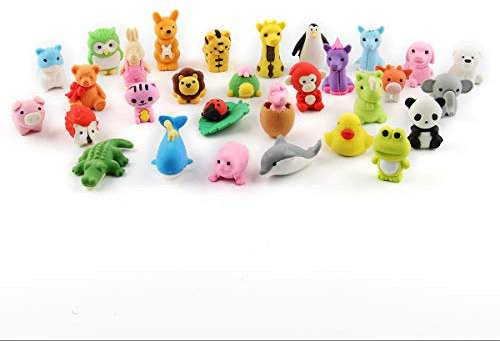 Cusfull 30er Pack Tiere Radiergummi Set Lustige und Süße Radierer für Bleistifte Kinder Kreatives Spielzeug Party Zoo-Tiere Kollektion