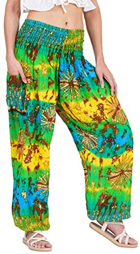 Lofbaz Damen Haremshose Yogahose Pumphose Hippie Hose Boho Kleidung Festival Outfit Sommerhose Leicht Sommer Hosen - Tie Dye Gelb & Grün S