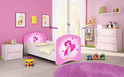 ACMA I Kinderbett 160x80 Jugendbett Komplett mit Matratze Lattenrost Weiß, stabil, Kinderzimmer Bett, Jugendmöbel Design 07 Rosa Fee