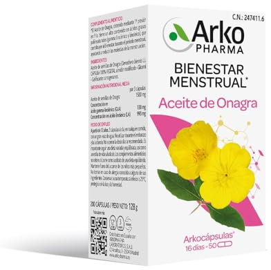 Arkopharma Arkocápsulas Aceite de Onagra, Bienestar de la Mujer, Ayuda a Reducir Dolores Menstruales y Síntomas de la Menopausia, Salud de la Piel Vitamina E, 200 Cápsulas