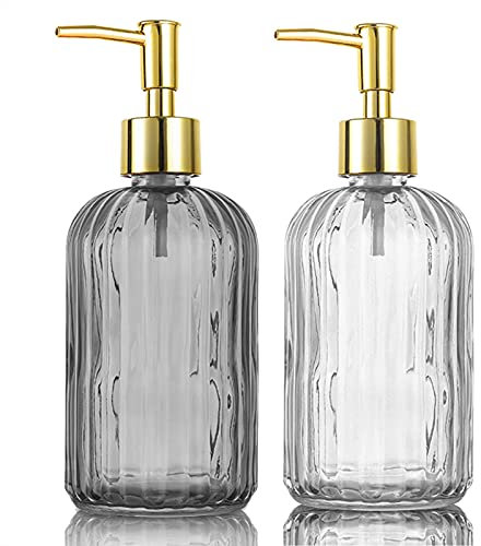 Versatile Glass Soap Dispenser Bottle with Pump, 14 Oz Dripless Pump Bottle, Refillable Liquid Hand Jar Dispenser for Bathroom, Countertop, Kitchen, Laundry Room(1 Pack Grey, 1 Pack Clear)