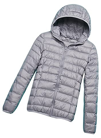 DAIHAN Puffer Veste Matelassée Légère à Capuche pour Femme Manteau en Duvet Veste Coupe-Vent Ultra Légère Manches Longues Manteau Chaud Manteau Doudoune,Gris,M