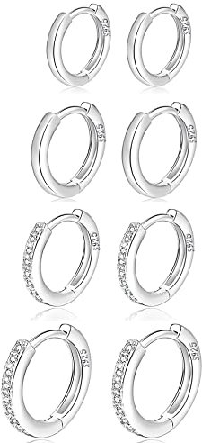 MOROTOLE 4 Paar kleine Creolen für Damen 925 Silber Post Huggie Set 18 Karat Gold/Silber Creolen Schläfer Ohrringe für Mädchen Mehrere Piercings Kleine Kugelohrstecker