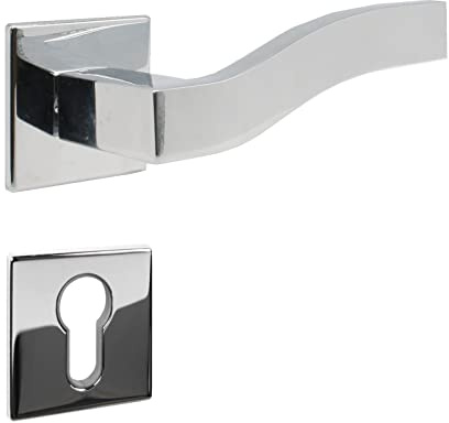 domino Türgriff PRIMUS-QR M6 PZ-Profilzylinder Drückergarnitur für Zimmertüren Türdrücker-Set Rosetten-Garnitur Türbeschläge/Farbe:Chrom Glänzend/Material:Legierter Stahl