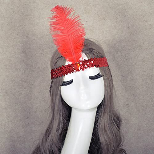 TseenYi Elastische Pailletten Stirnband Haarband Boho Pailletten Feder Kopfteil Haar krawatte Schmuck für Frauen und Mädchen Weihnachten Bühnenperformance(rot)
