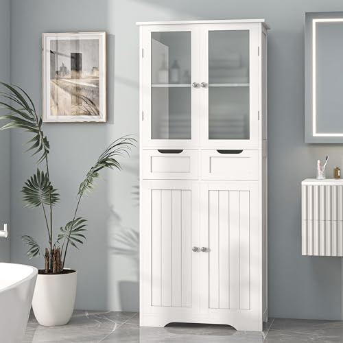 Betterhood 67 Tall Bathroom Storage Cabinet, Freestanding Bathroom Cabinet with Glass Doors and Shelves, Large Bathroom Cabinet with 2 Drawers for Living Room, Dining Room, Office, White