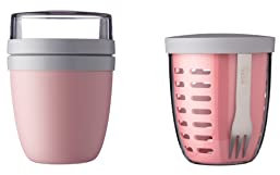 Mepal Fruit Pack Ellipse | Fruitpot y Lunchpot | Ideal para frutas y verduras de viaje | Caja de frutas con tenedor y colador | Meal Prep Box con tapa | Rosa nórdico