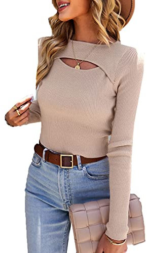 Women's Solid Farbe Gestrickt Rundhalsausschnitt Hollow Tops Winter Slim Fit Langarm-T-Shirt
