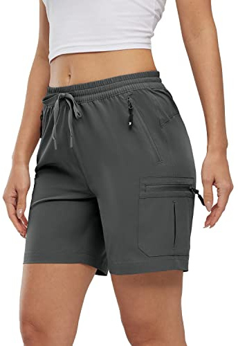 Rdruko Womens Hiking Cargo Shorts with 4 Zip Pockets | Drawstring Elastic High Waist Summer Casual Lightweight Quick Dry Outdoor Water Resistant Shorts for Work Travel Golf Walking