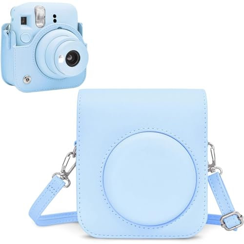 Rieibi Tasche für instax Mini 12 – PU Leder Schutzhülle für instax Mini 12 Sofortbildkamera mit verstellbarem Schultergurt – Blau
